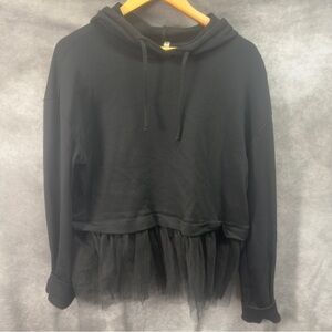 Anthropologie Pilcro Tulle-Hem Cropped Hoodie Black Cotton Size Large